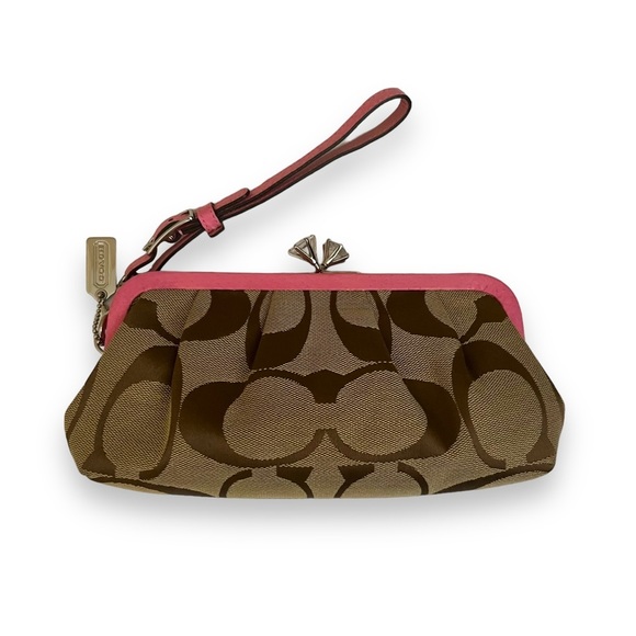 Rare Coach Limited Edition Jeweled Kisslock Wristlet Clutch Bag Hot Pink Brown - Picture 2 of 13